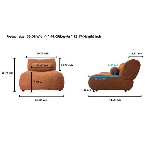 Brown armchair with dimensions labeled on a white background