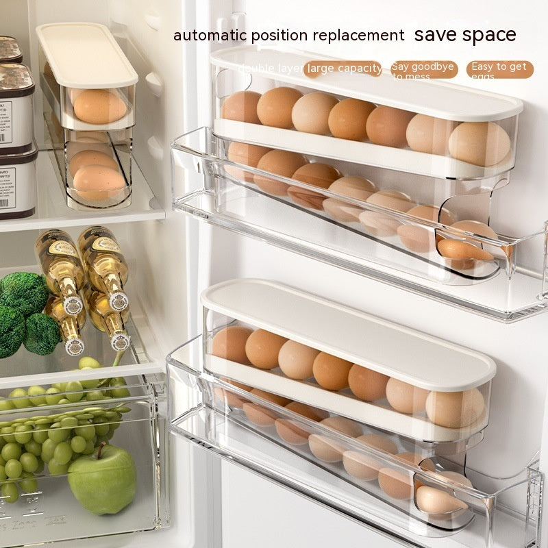 Egg storage solution with multiple shelves in a refrigerator.