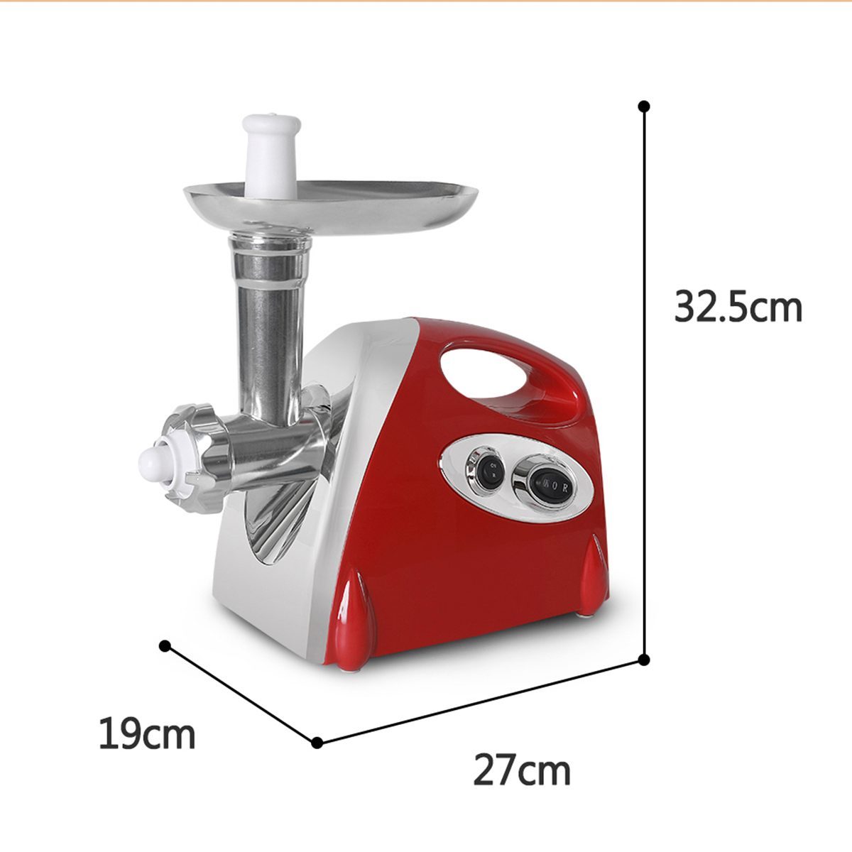 Red and silver meat grinder with dimensions indicated on a white background