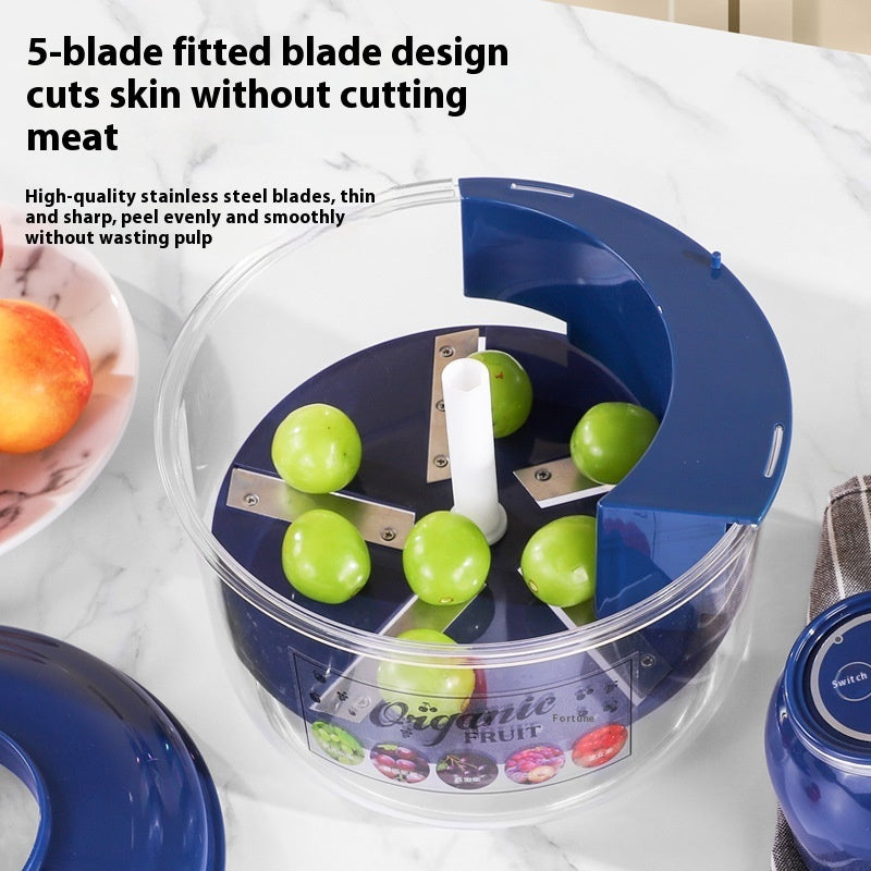 Fruit peeling device with green apples on a white surface