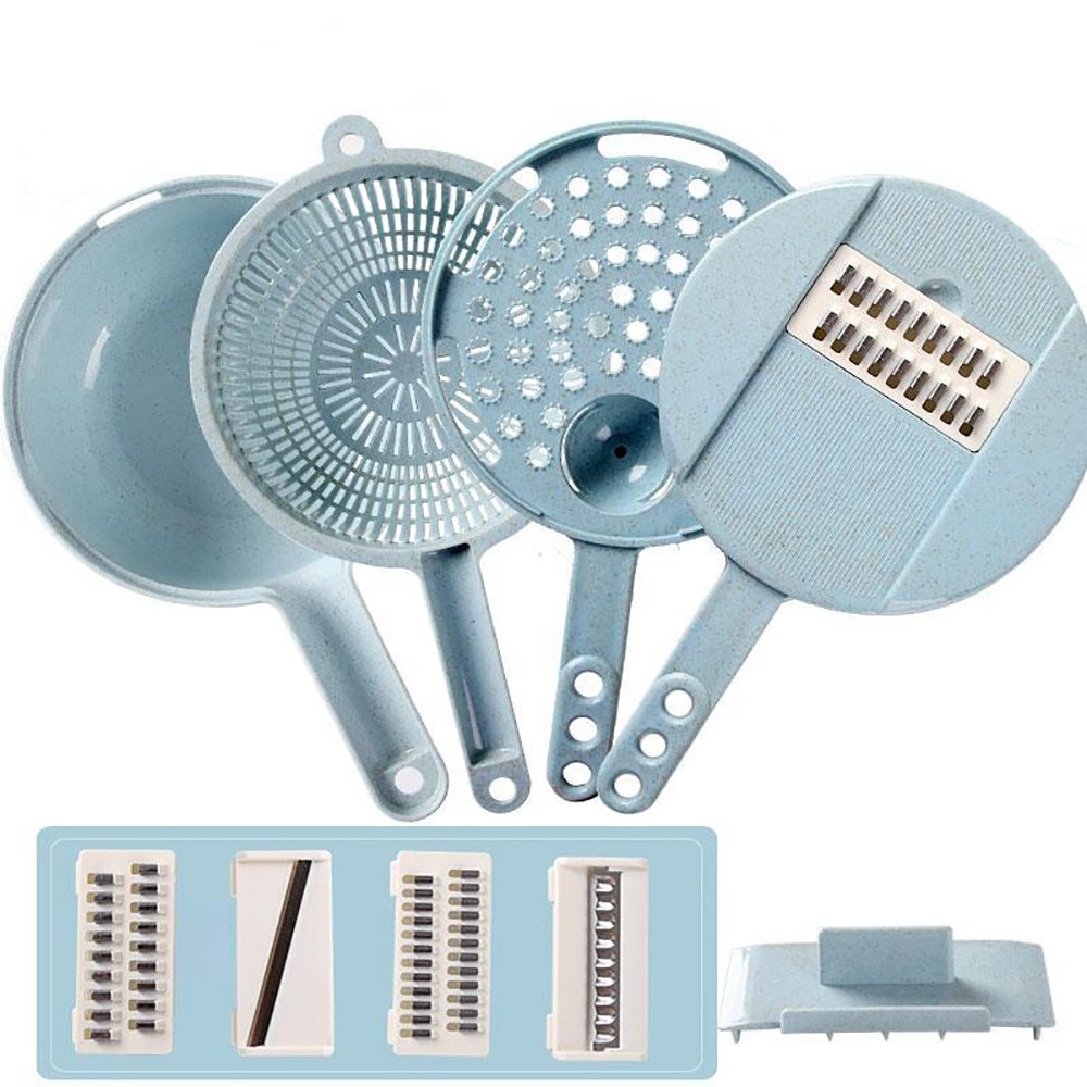 Set of blue kitchen tools including a colander, strainer, and slicer on a white background