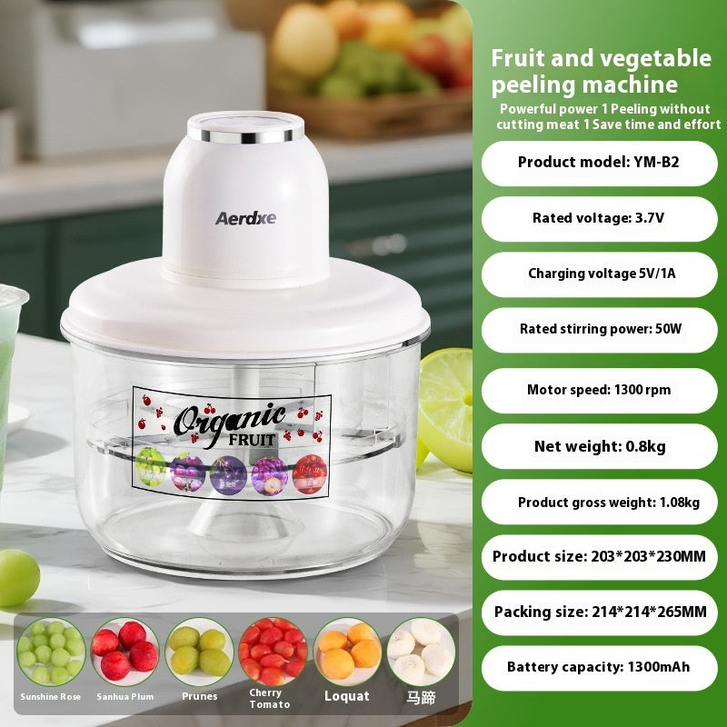 Fruit and vegetable peeling machine with product details on a kitchen counter