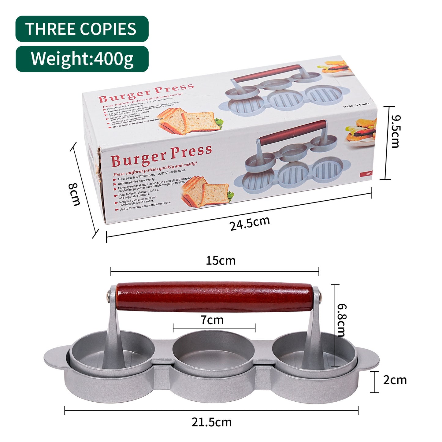 Burger press with dimensions and packaging on a white background