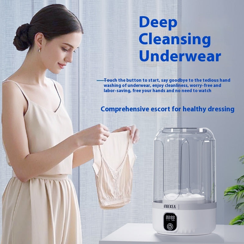 Woman holding a piece of underwear next to a white appliance with text about deep cleansing underwear.