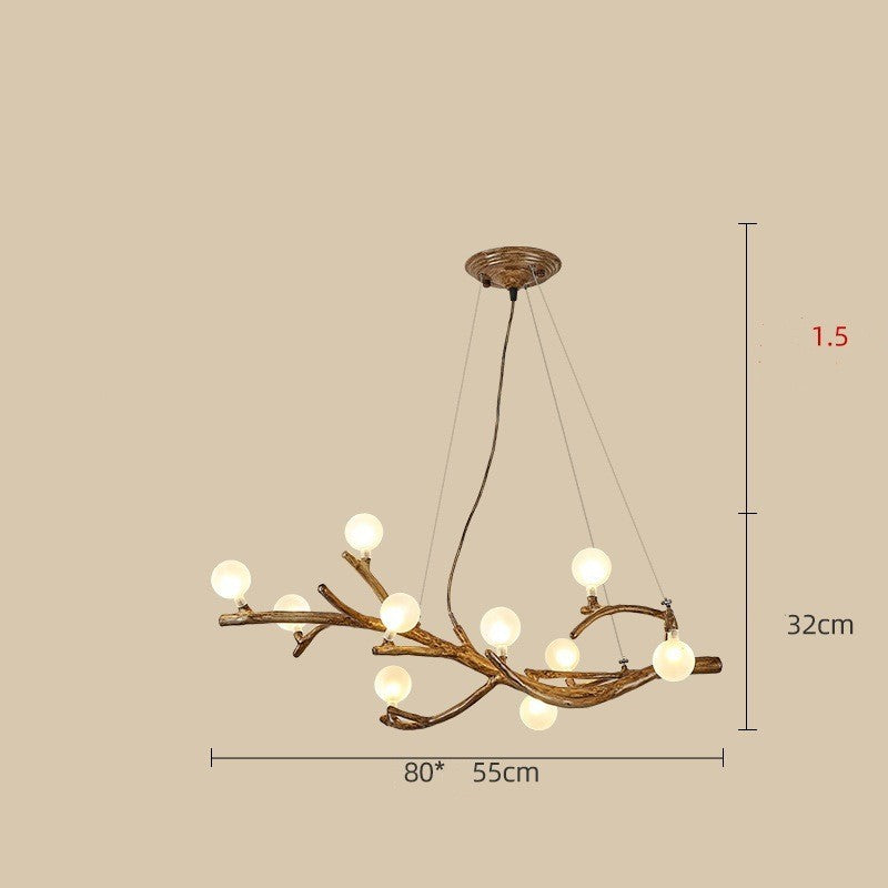 Chandelier with branch-like design and dimensions on a beige background