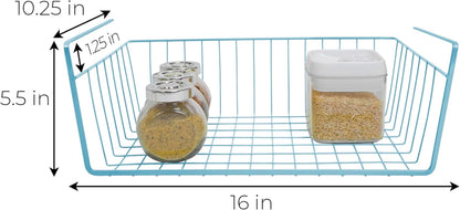 Undershelf Storage Basket - Medium - Snug Fit Arms - Steel Metal Frame - Rust Resistant - Cabinet, Pantry, and Shelf Organization - 16 X 5.5 Inch - Light Blue