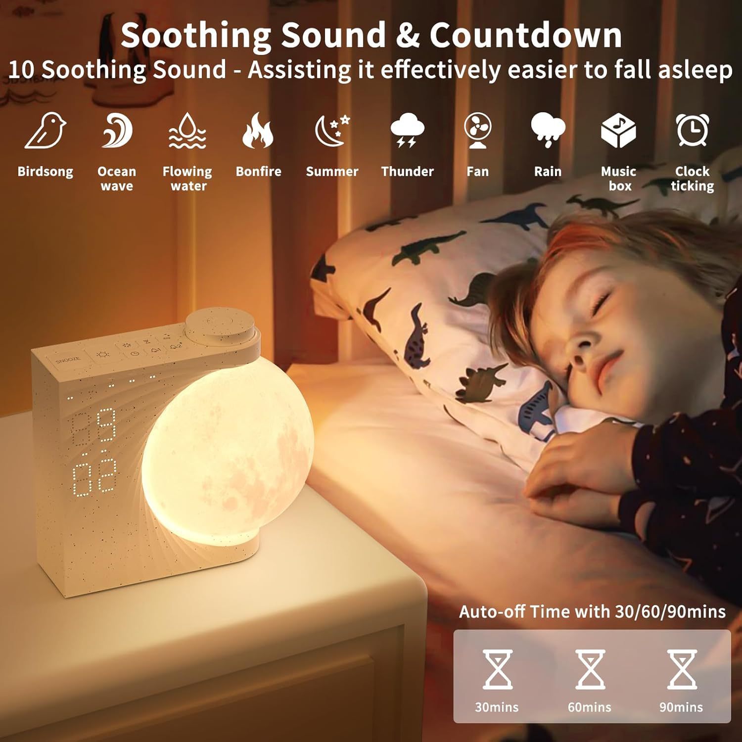 Child sleeping in bed with a night light and soothing sound features displayed.