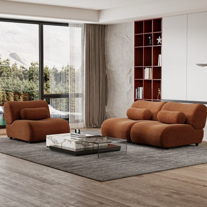 Modern living room with brown sofa and glass coffee table