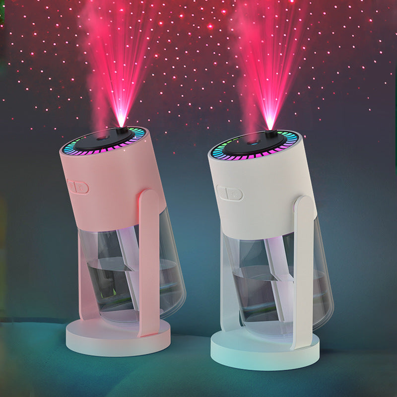 Two colorful lamp projectors with star-like projections on a dark background