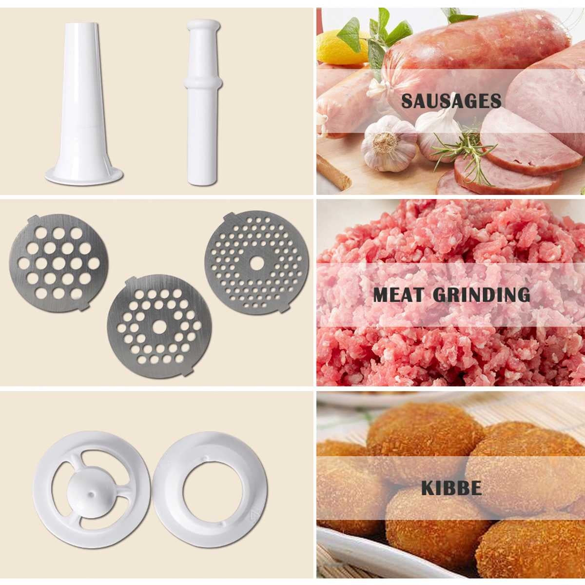 Collage of meat grinder components and ground meat products.