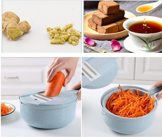Collage of images including ginger, ginger paste, tea, a hand using a carrot grater, and grated carrots.