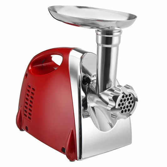 Red and silver meat grinder on a white background