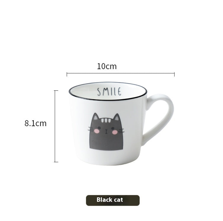 White mug with black cat design and 'SMILE' text, shown with measurements on a white background.