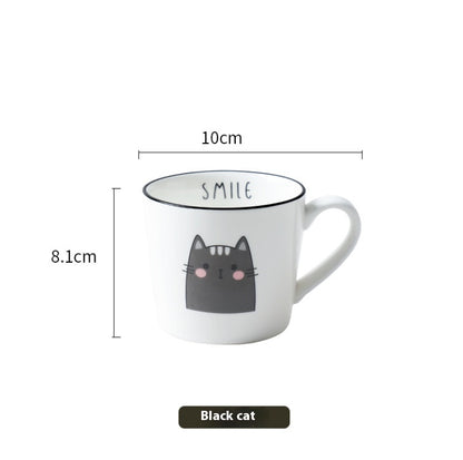 White mug with black cat design and 'SMILE' text, shown with measurements on a white background.
