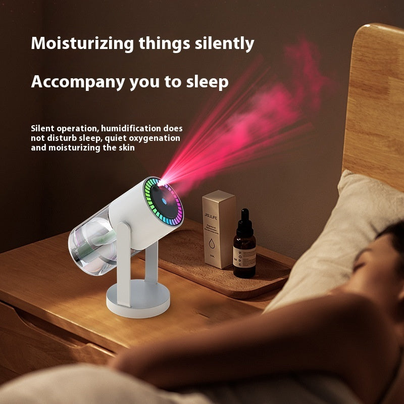 Humidifier on a nightstand with text about its benefits, used in a bedroom setting.