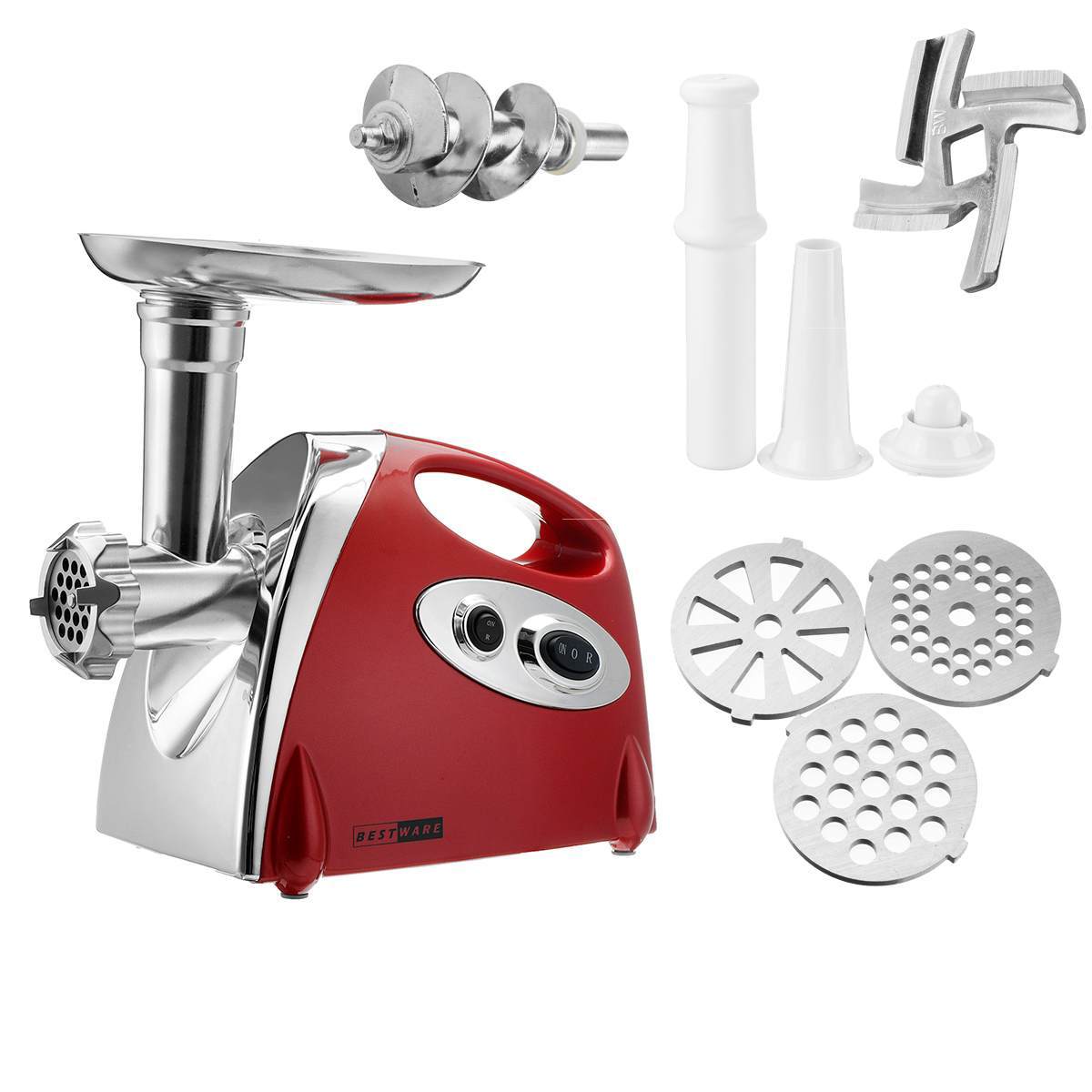 Red meat grinder with attachments on a white background