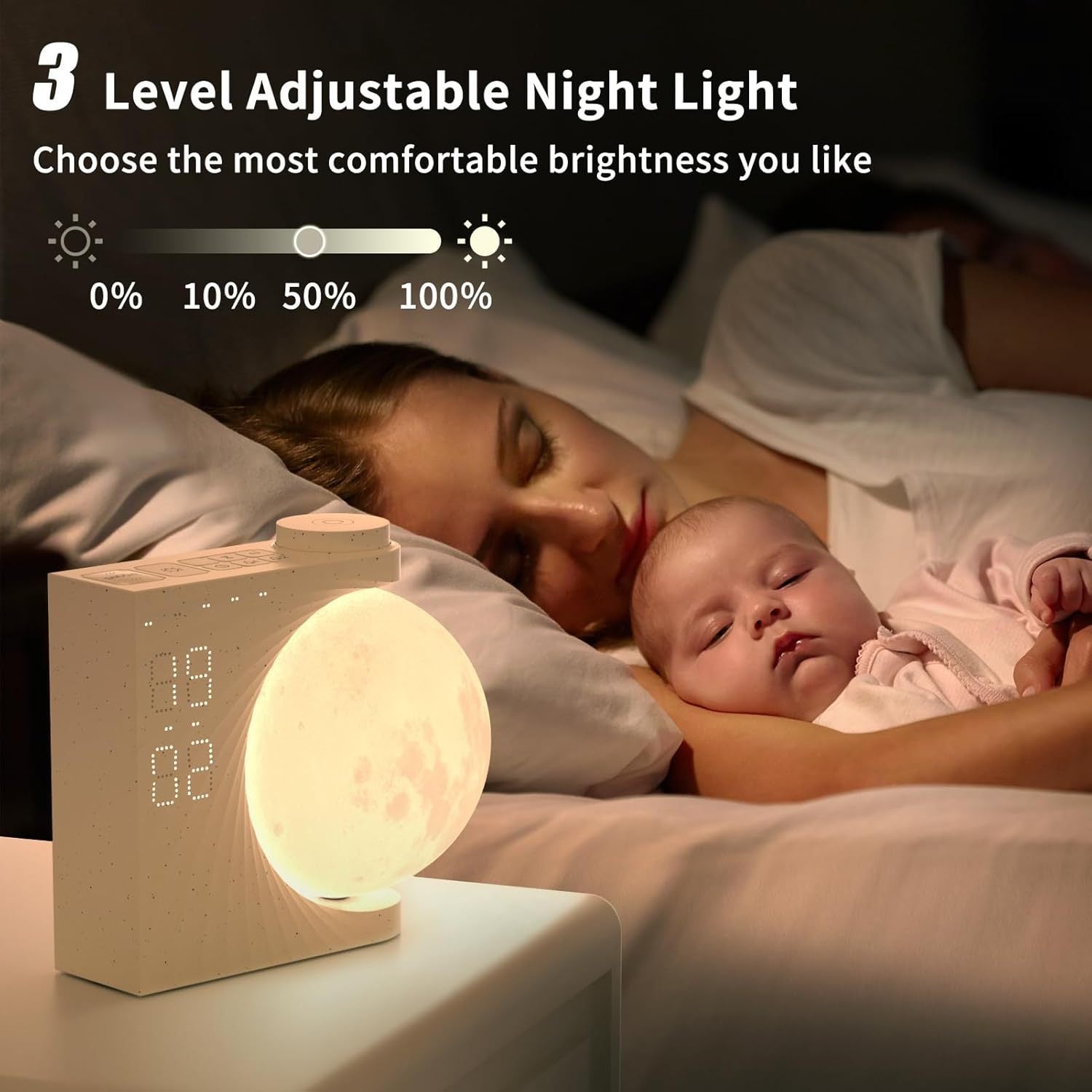 Woman and baby lying in bed with a digital night light displaying the time.