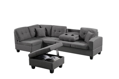 Gray sectional sofa with ottoman on a white background