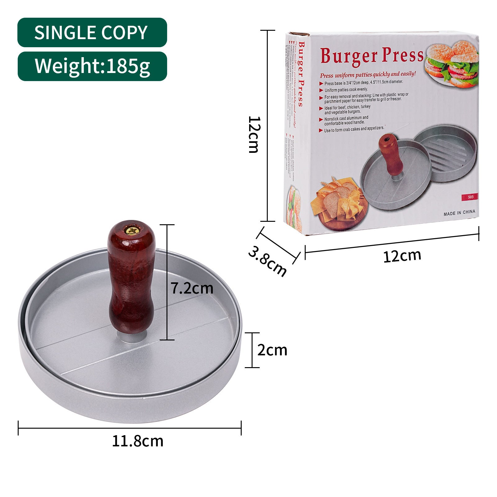 Burger press with dimensions and packaging on a white background