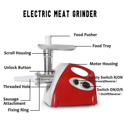 Red electric meat grinder with labeled parts on a white background