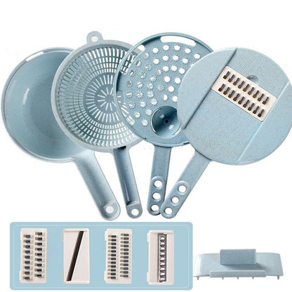 Set of blue kitchen tools including a colander, strainer, and slicer on a white background