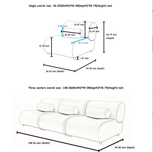 Dimensions of a white sofa with measurements labeled