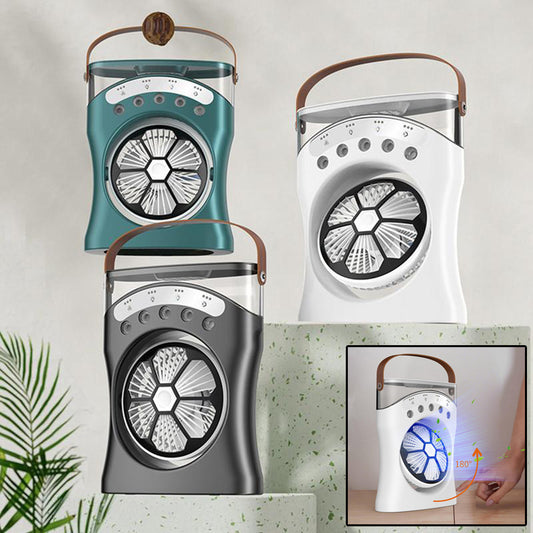 Three portable fans in different colors with a close-up of one fan glowing.