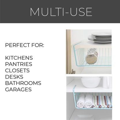 Undershelf Storage Basket - Medium - Snug Fit Arms - Steel Metal Frame - Rust Resistant - Cabinet, Pantry, and Shelf Organization - 16 X 5.5 Inch - Light Blue