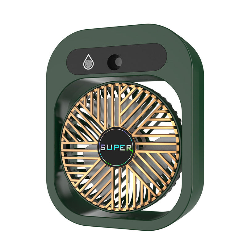 Portable fan with gold blades and green frame on a white background