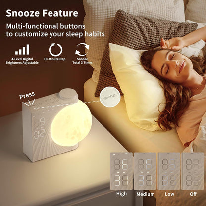 Woman sleeping with a night light on a bedside table, featuring snooze feature and multi-functional buttons.