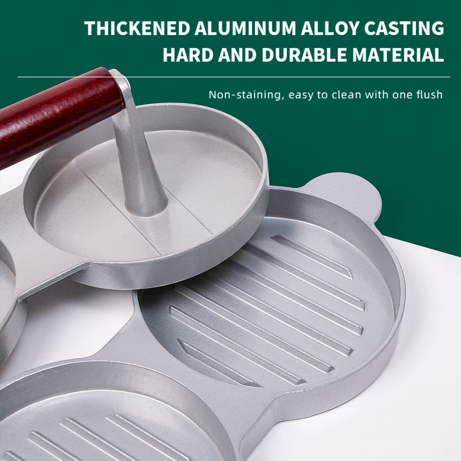 Metallic kitchen tool with a wooden handle on a white background, featuring text about material properties.