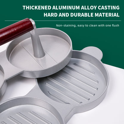 Metallic kitchen tool with a wooden handle on a white background, featuring text about material properties.