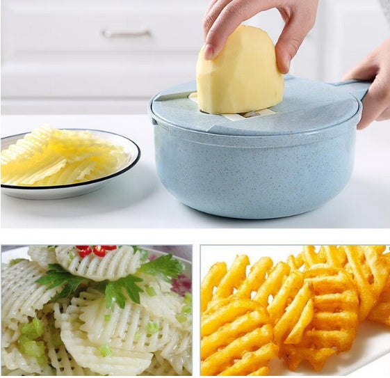 Collage of a potato being sliced with a kitchen tool, resulting in various potato dishes.