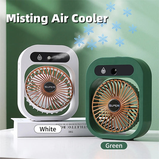 Two misting air coolers, one white and one green, on a light gray surface with a green background.