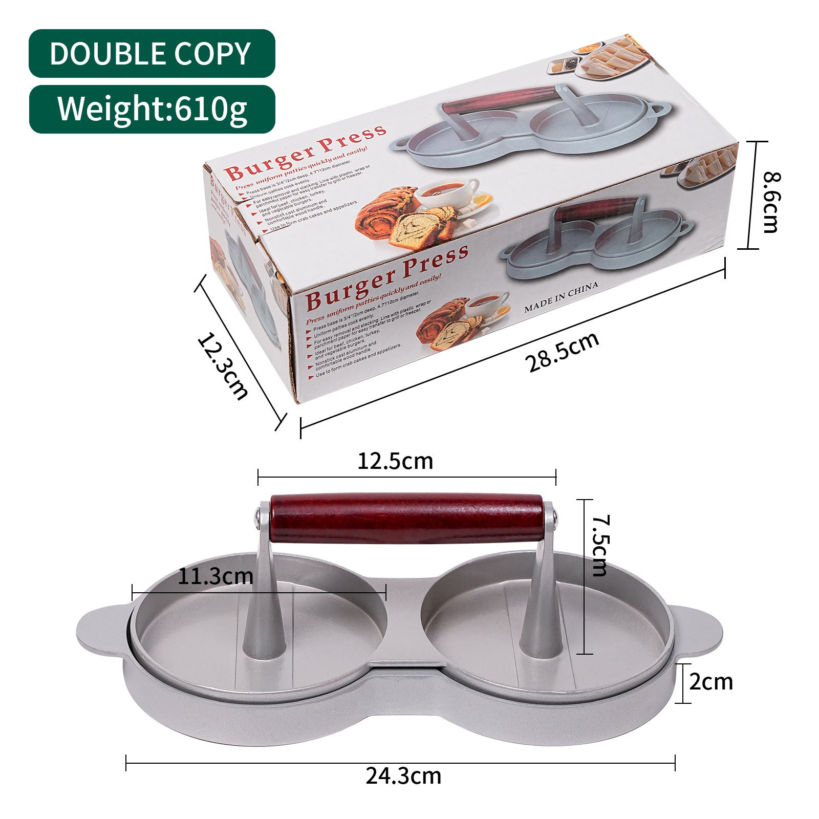 Burger press with dimensions and packaging details on a white background