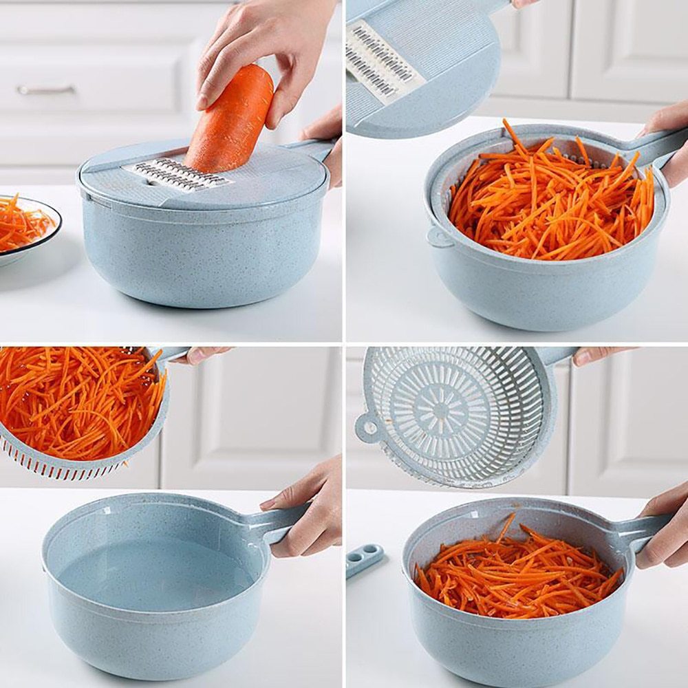 Collage of a kitchen tool being used to shred carrots.