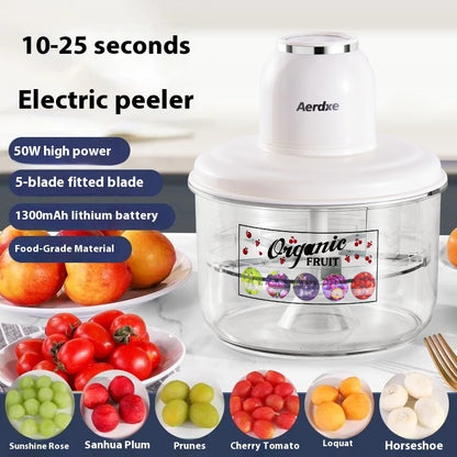 Electric peeler with features listed, surrounded by fruits and vegetables on a white background