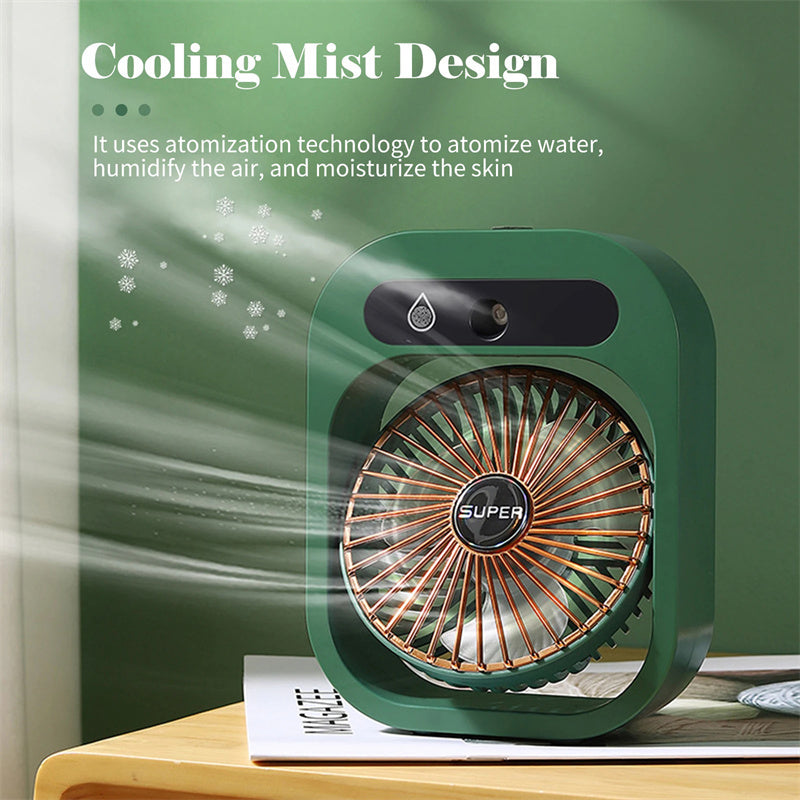 Green and bronze fan with atomization technology on a green background