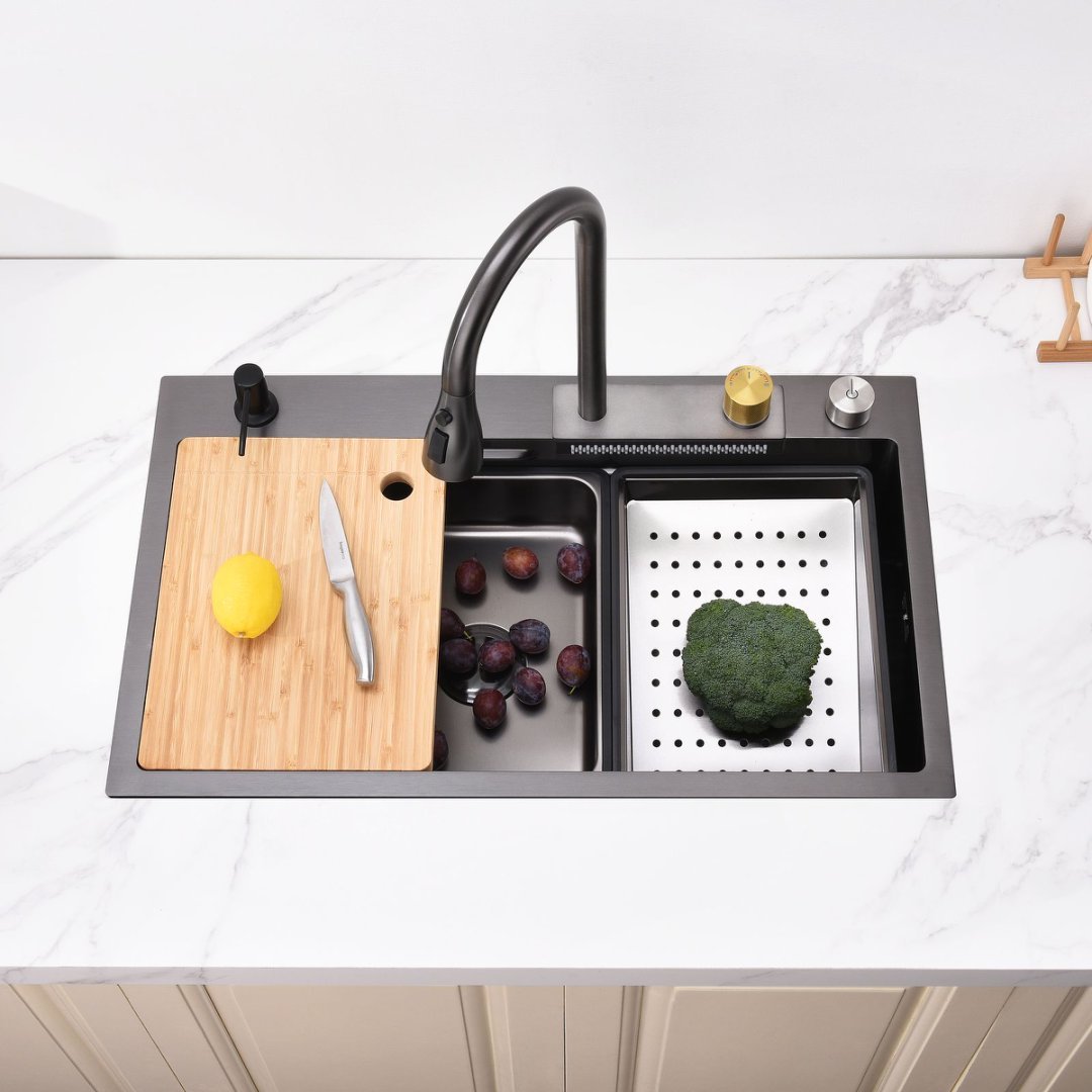 Close-up of cutting board placement on black stainless steel workstation kitchen sink 