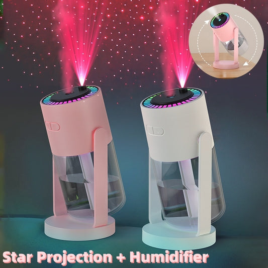 Two star projection humidifiers, one pink and one white, on a dark background with starry effect.