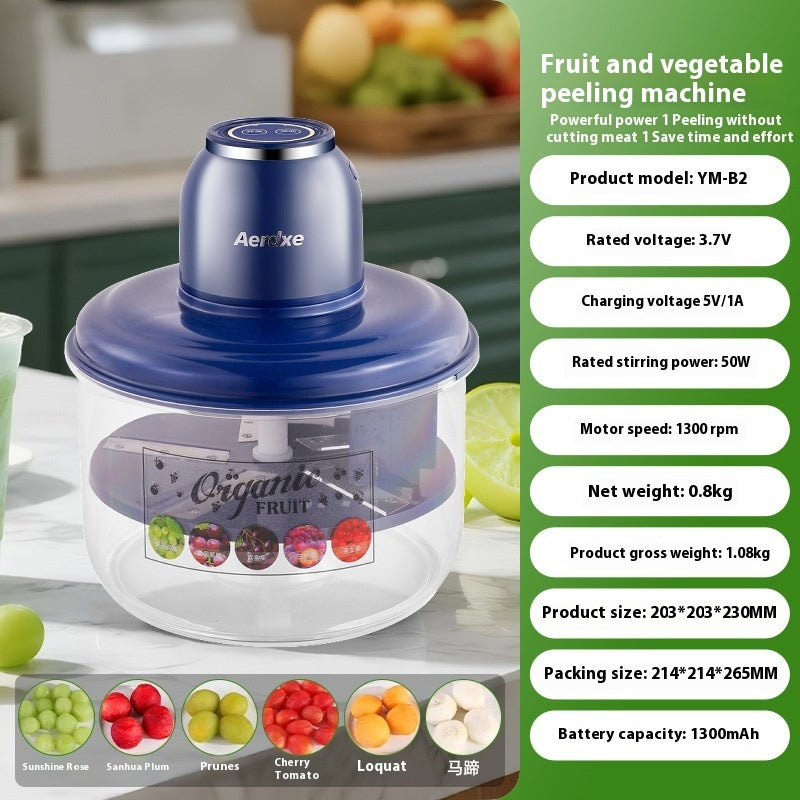 Fruit and vegetable peeling machine with product details on a kitchen background