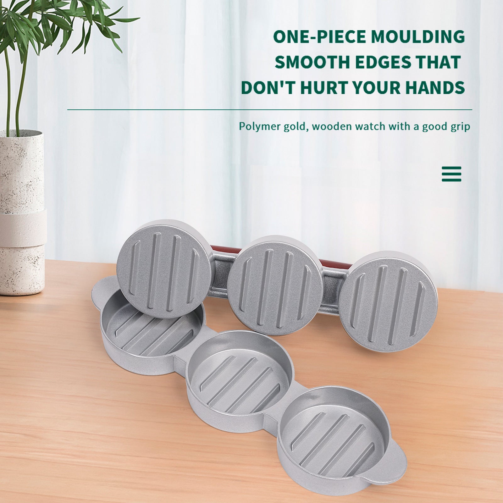 Gray silicone mold on a wooden surface with text about its features.
