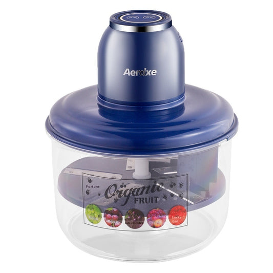 Blue food chopper with clear container on a white background