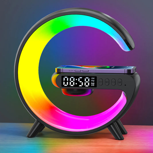 Small RGB Wireless Charger Smart Wireless Bluetooth Speakers Sunrise Alarm Clock & Wake up Light 15W Fast Charging Dock Station