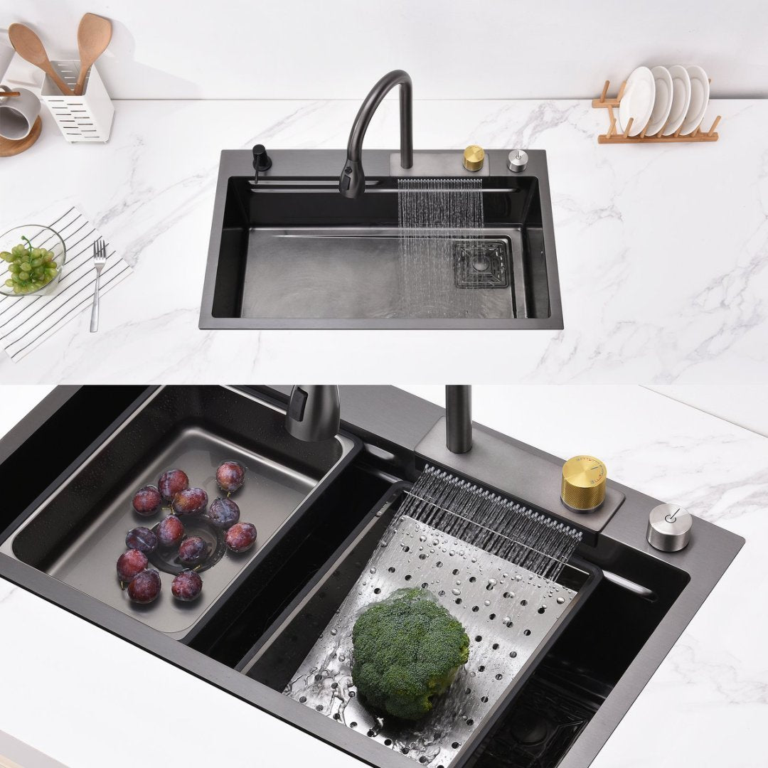 Black stainless steel workstation sink with cutting board and drying rack 