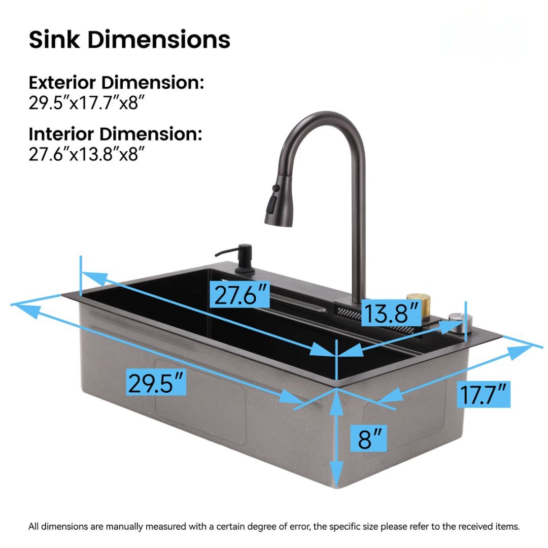 Side angle of black stainless steel sink with flying-rain faucet and integrated accessories 