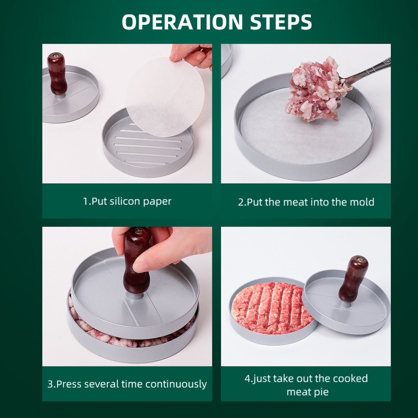 Step-by-step guide on how to use a meat grinder with images and text.
