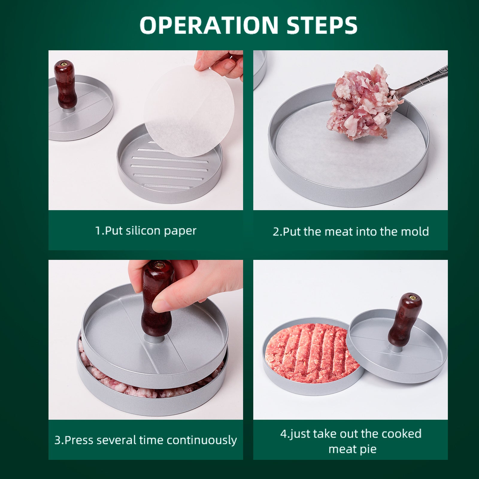 Step-by-step guide on how to use a meat grinder with images and text.