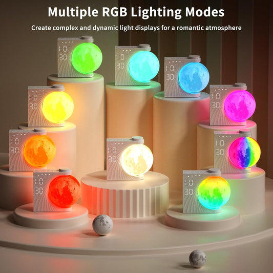 RGB lighting modes on cylindrical stands with colorful lights and digital displays.