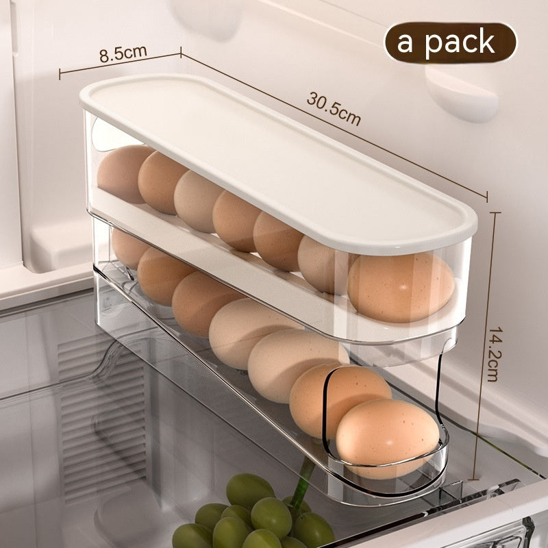 Egg holder with eggs inside a refrigerator, showing dimensions.